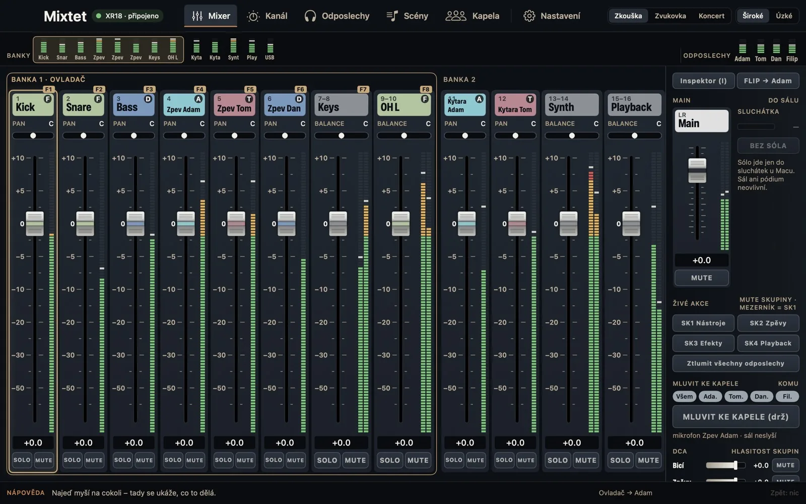 Appka Mixtet na Macu: mixer kapely s barevnými kanály členů